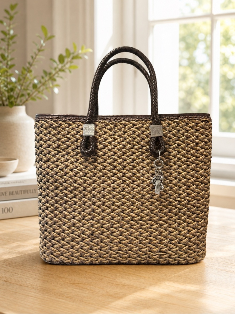 Brighton Woven Jute Straw Rita Paisley Handbag Tote Shoulder Tote Bag Purse EUC